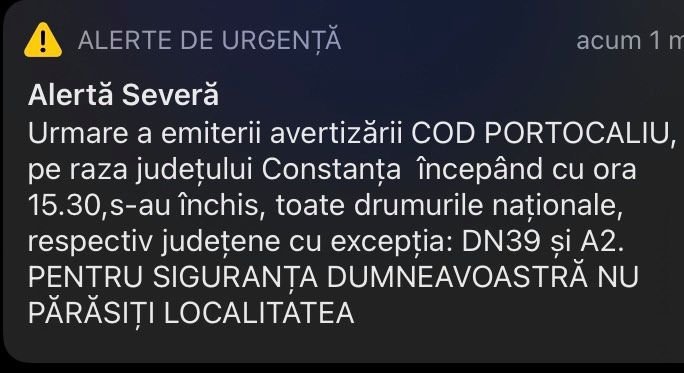 RO Alert: Toate drumurile naționale din județul Constanța sunt închise, începând cu ora 15:30, cu excepția DN39 și A2