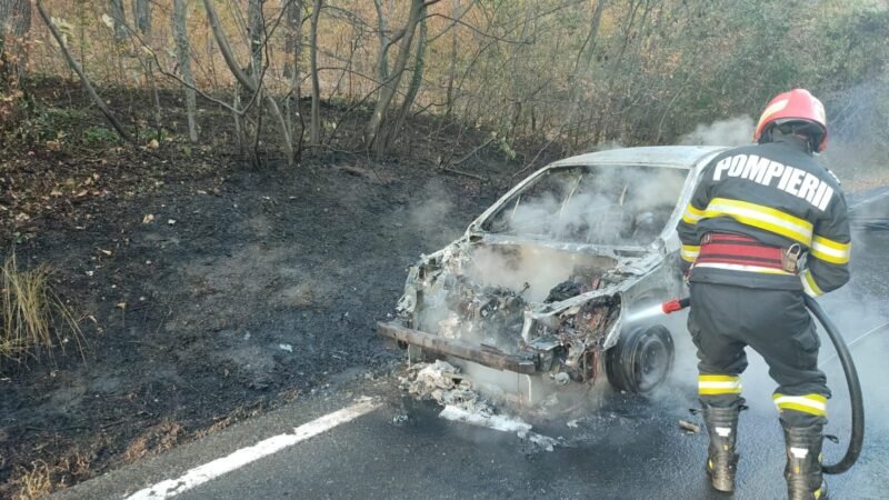 (VIDEO) Intervenție de urgență a pompierilor tulceni pentru a stinge un incendiu izbucnit la o mașină, în Pădurea Topolog