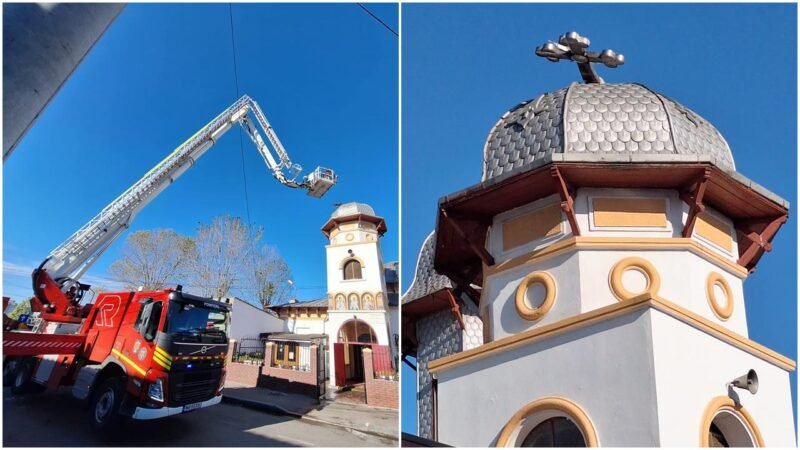 (FOTO) O cruce de pe turla Bisericii Sfânta Parascheva din Constanța stă să cadă: intervin pompierii