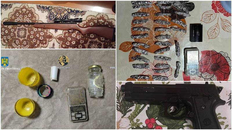 (FOTO) TULCEA. Ecstasy, hașiș, canabis, bani și arme de foc, găsite în urma unor percheziții la o grupare specializată în traficul de droguri de risc și de mare risc