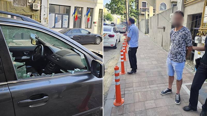 (FOTO) CONSTANȚA. Bărbat prins de polițiștii locali în timp ce vandaliza mai multe autoturisme parcate