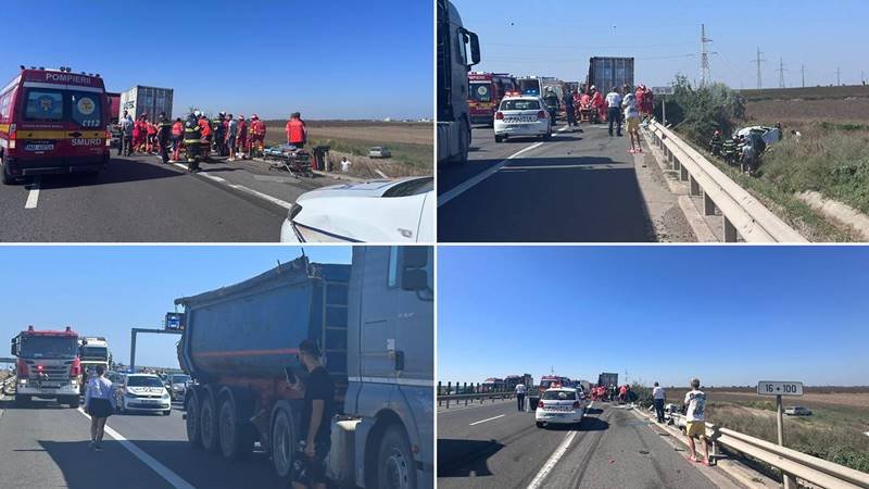 (FOTO/VIDEO) UPDATE. Accident între un microbuz și un TIR, pe autostrada A4: a fost activat Planul Roșu de Intervenție – mai multe persoane au fost rănite