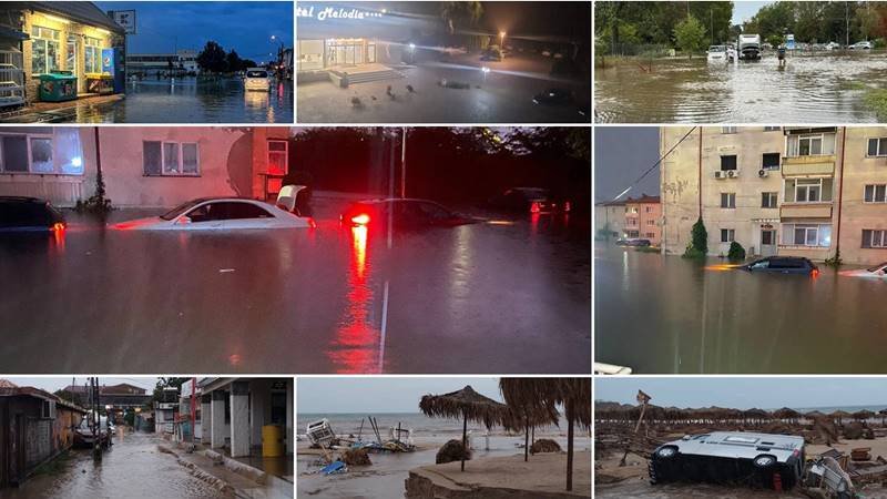 (FOTO) Dezastru în sudul litoralului, după codul roșu de ploi. Străzi și case inundate în Mangalia, Venus și Jupiter sub ape și prăpăd pe plaja din Vama Veche