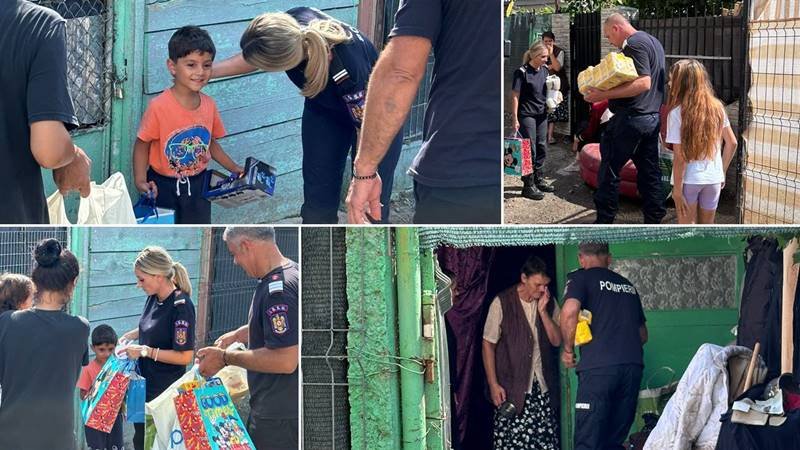 (FOTO) Lacrimi de fericire pe chipurile locuitorilor din Amzacea: pompierii constănțeni le-au dus haine, alimente, jucării și rechizite