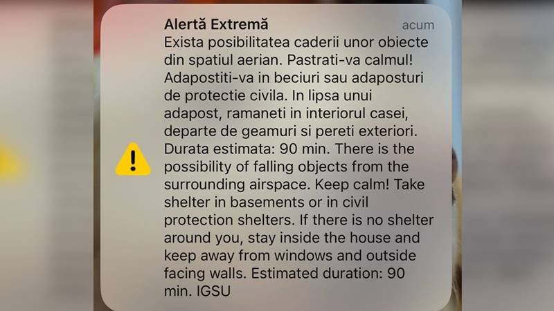 Mesaj RO-Alert în județul Tulcea! Locuitorii au fost avertizați cu privire la posibilitatea căderii unor obiecte din spațiul aerian