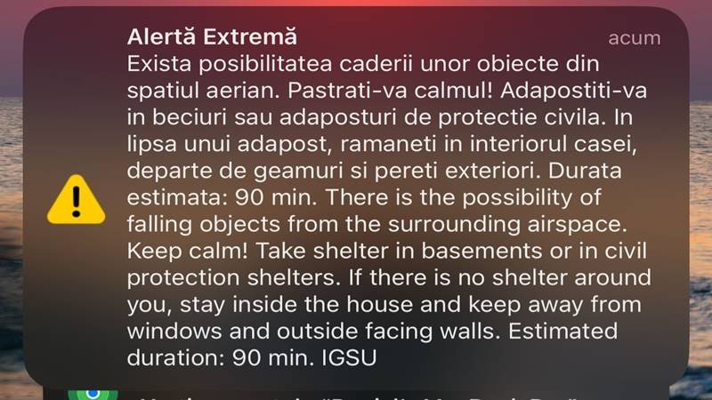 Mesaj Ro-Alert în zona de nord a județului Tulcea. Locuitorii au fost avertizați cu privire la posibilitatea căderii unor obiecte din spațiul aerian