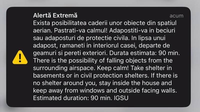 Mesaj RO-Alert în județul Tulcea! Locuitorii au fost avertizați cu privire la posibilitatea căderii unor obiecte din spațiul aerian: un locuitor a sunat la 112 după ce ar fi auzit o bubuitură