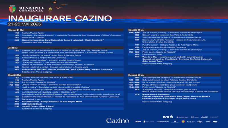 Zilele Constanței 2025: concerte, spectacole, piese de teatru și alte surprize. Cazinoul va putea fi vizitat gratuit: cum îți faci programare