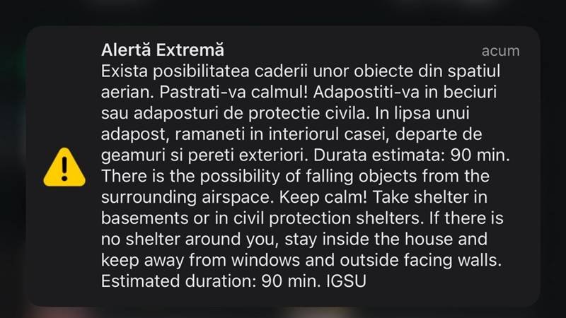 Mesaj RO-Alert pentru nordul județului Tulcea. Există riscul căderii unor obiecte din spațiul aerian