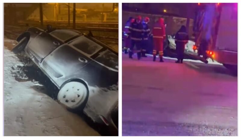 Mașină căzută pe calea ferată, sub podul Doraly. Două persoane se aflau în autoturism