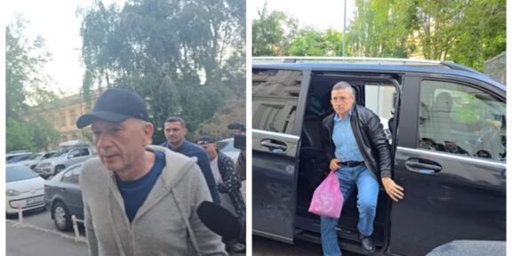 Two-panel scene of men near vehicles: left shows an older man in a cap and beige jacket walking in a parking lot, right shows a man in a leather jacket stepping out of a black SUV with a pink bag nearby.