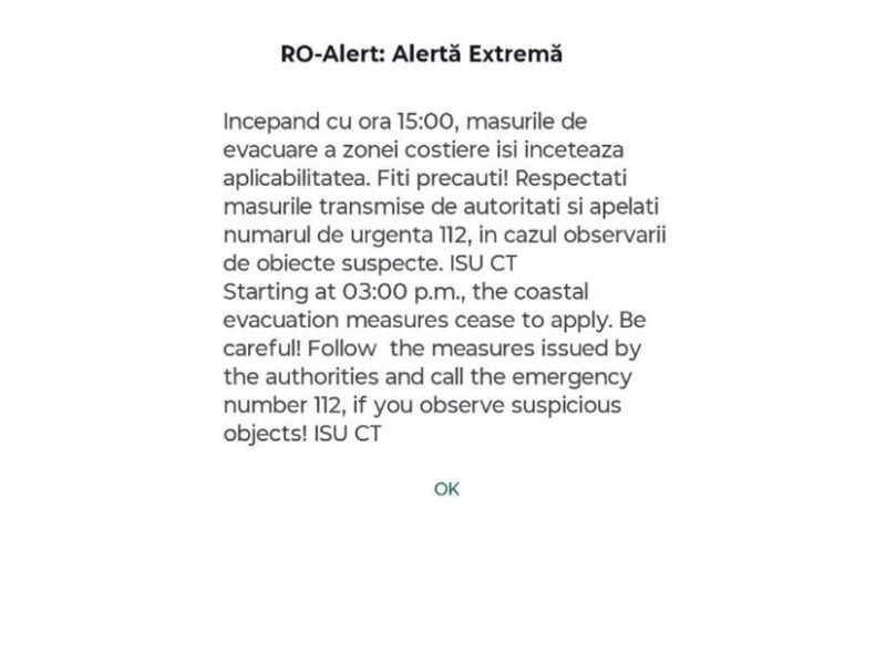 Mesaj RO-ALERT. Situația de urgență încheiată pe litoral. Evacuarea populațieri a fost sistată